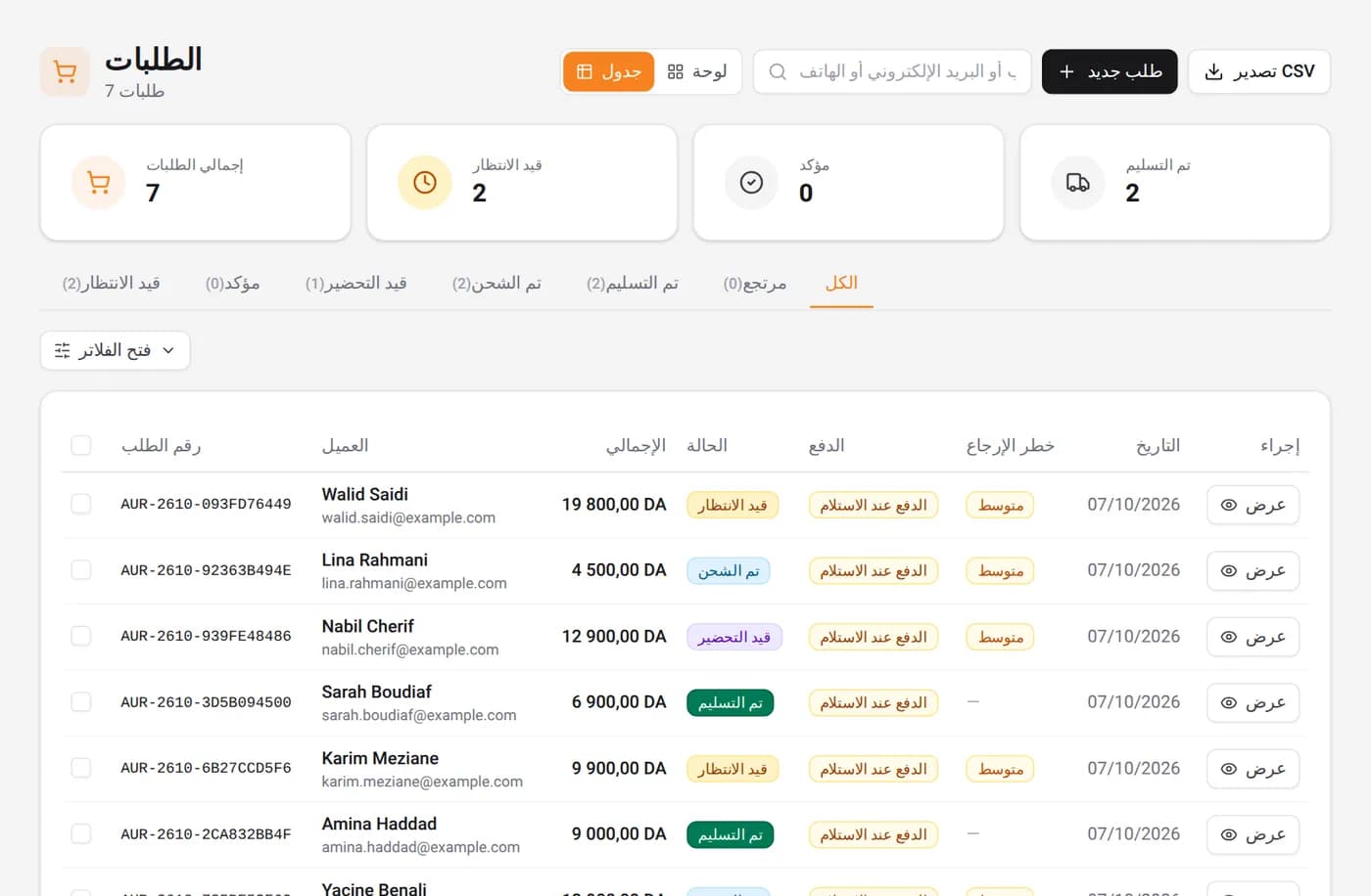 قائمة الطلبات في لوحة إدارة متجر تجريبي على Shops-dz: العملاء والمجاميع والحالات والدفع عند الاستلام